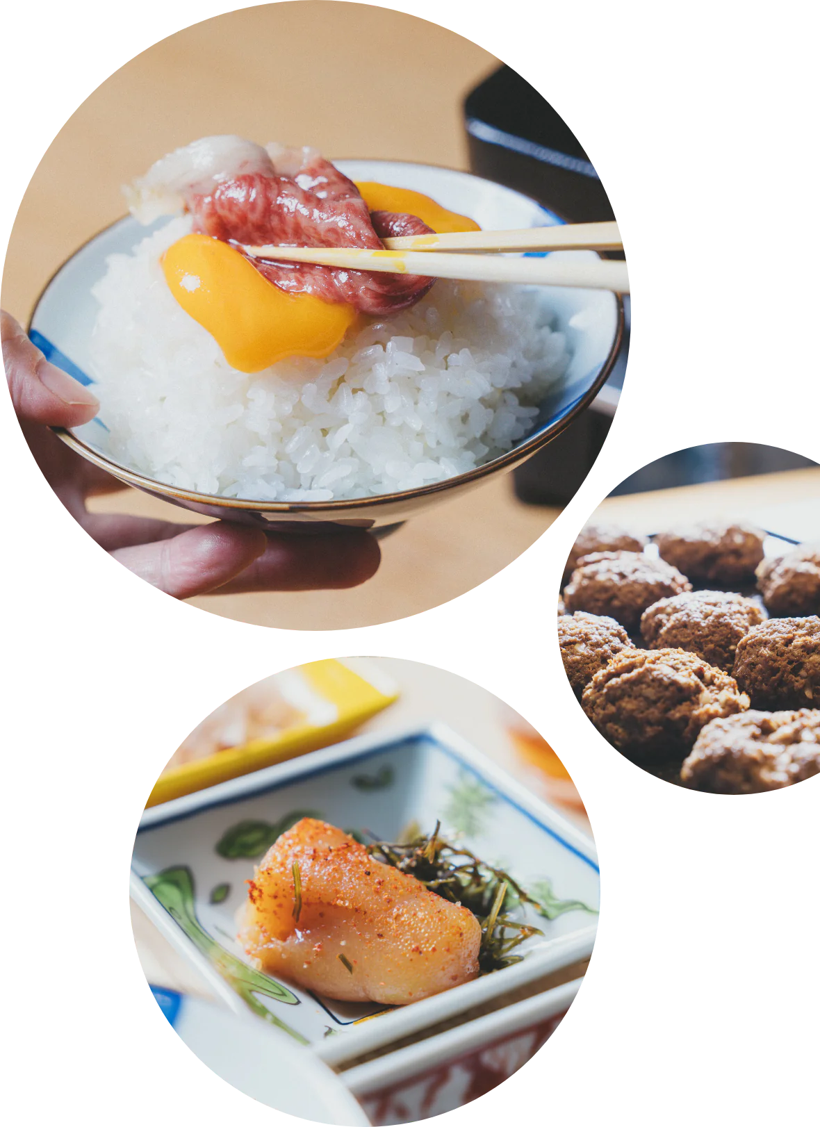 卵黄を絡めた和牛やハンバーグ、明太子などのご飯のおとも